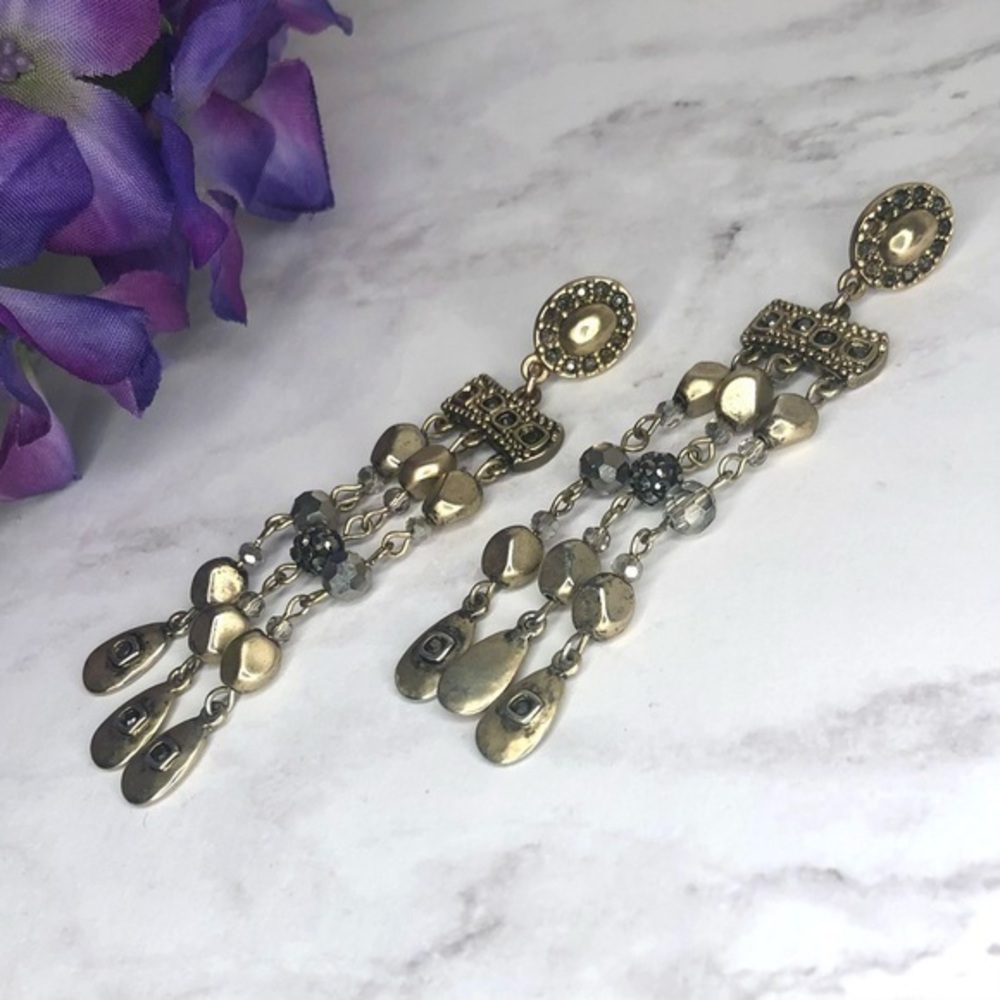 CHICOS GOLD TONE DANGLE EARRINGS WITH BLACK GEMS